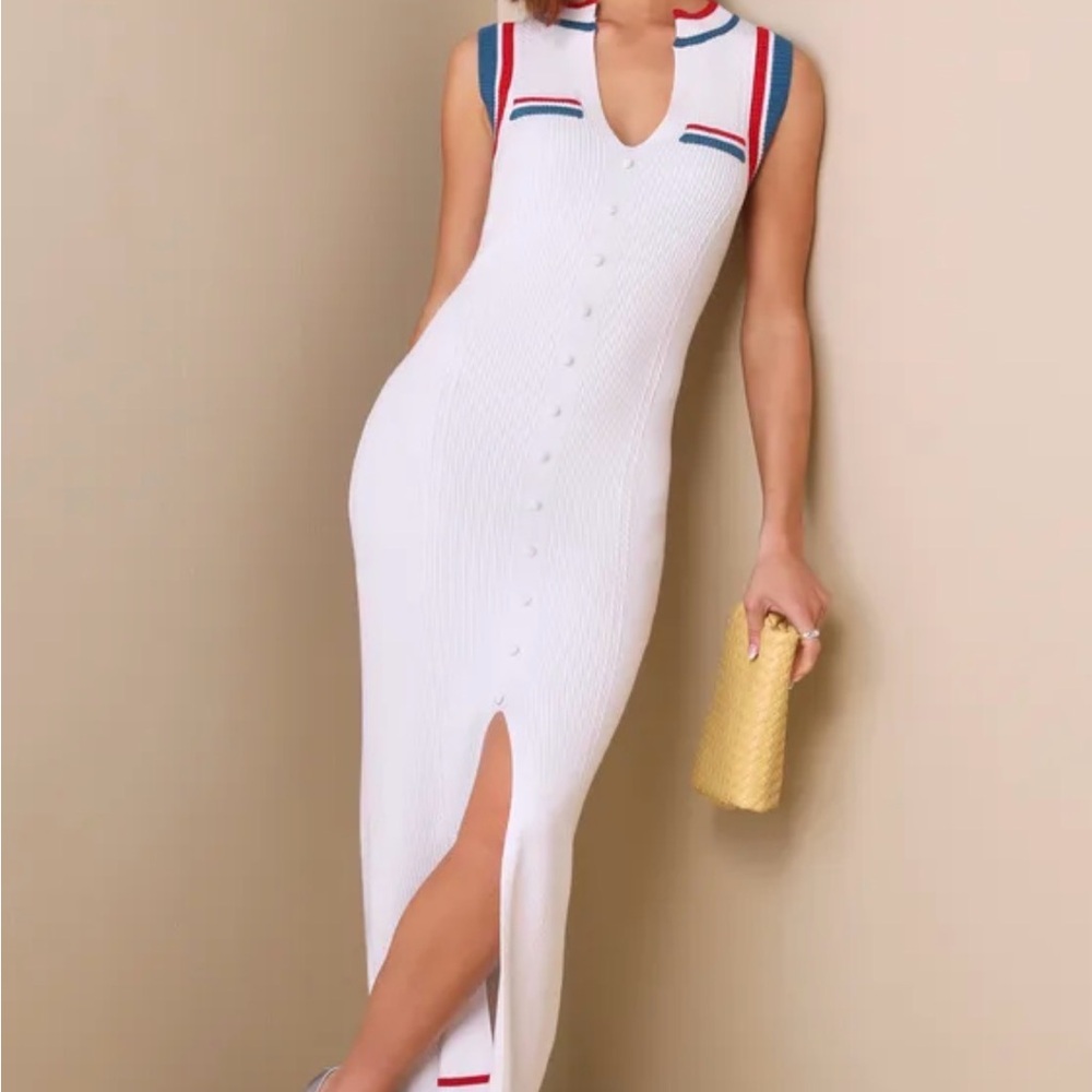 Lulu's White Midi Dress with Red and Blue Details